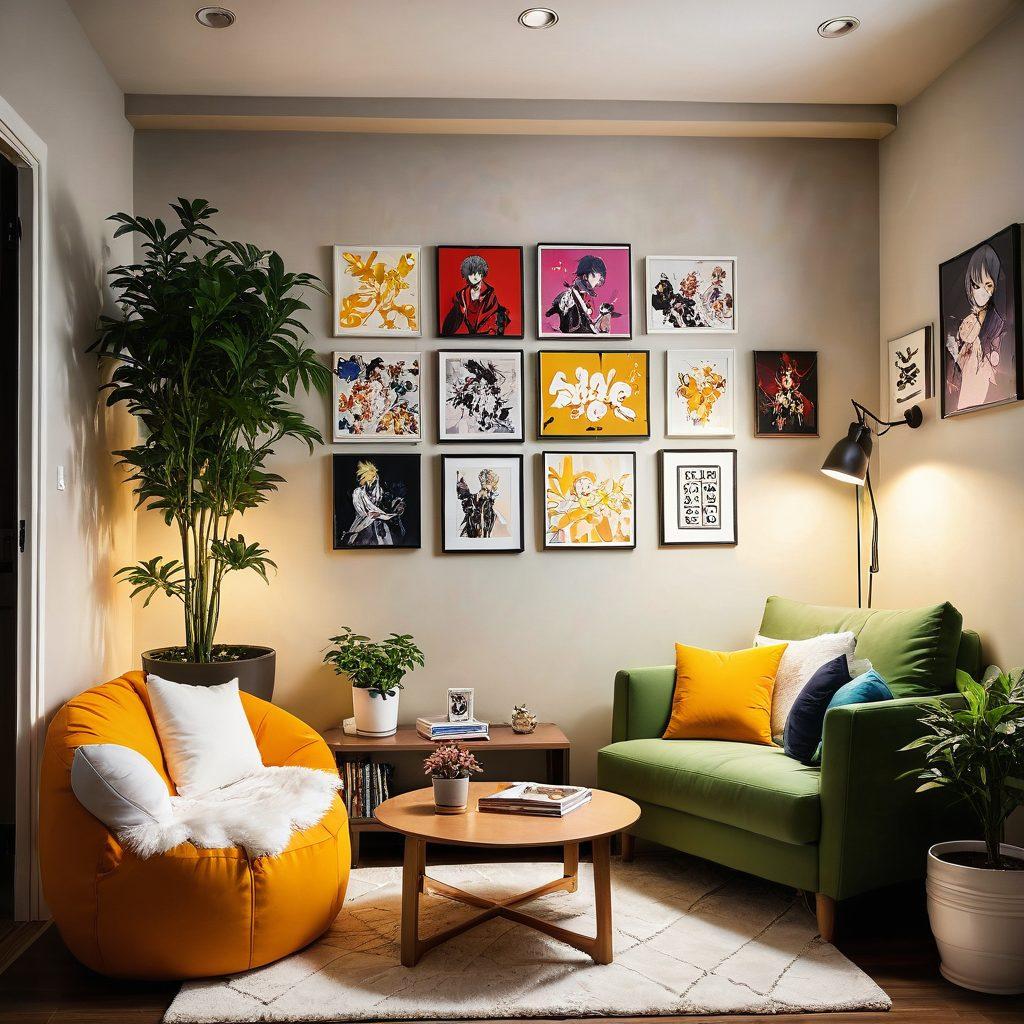 A cozy and stylish living space featuring anime-inspired decor, such as colorful throw pillows and wall art. Include an inviting reading nook with an open graphic novel showcasing sensual artwork. Soft ambient lighting creates a warm atmosphere, blending modern adult living with vibrant anime aesthetics. A touch of greenery with a potted plant adds life to the scene. super-realistic. vibrant colors. cozy ambiance.