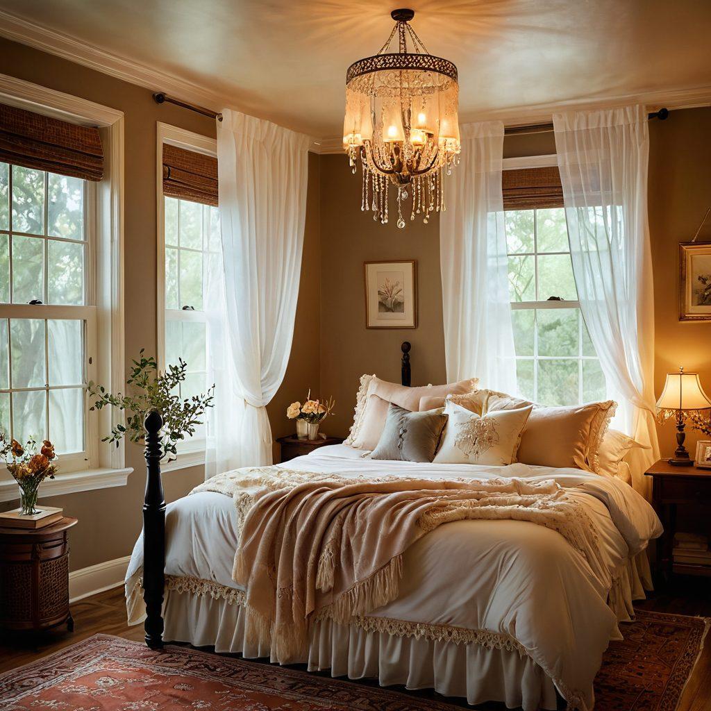 A cozy, softly lit bedroom featuring delicate fabrics like silk and lace, with warm ambient lighting that sets an intimate mood. Include a plush bed adorned with inviting pillows and a romantic scene by open windows, where a gentle breeze sways sheer curtains. Add elements of fantasy, like dreamcatchers or candles, to evoke a sense of exploration and intimacy. super-realistic. warm tones. soft focus.