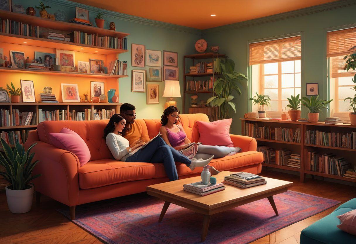 A vibrant illustration depicting an animated scene that blends elements of manga and adult community living. Show a cozy lounge filled with characters engaging in various activities related to animated erotica, surrounded by books and art that reflect diverse emotions and moods. Include an ethereal glow that highlights the characters' expressions and interactions, creating a warm and inviting atmosphere. The overall style should be a mix of comic book art and soft pastel colors to evoke a sense of playfulness and intimacy. super-realistic. vibrant colors. soft pastel background.